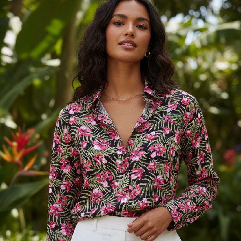 Chemise femme motif Palmiers Orchidées rose noir tissu coton polynésien Couleurs du Fénua"