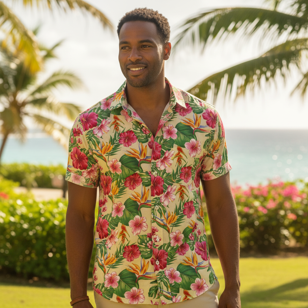 Chemise homme antillaise avec tissu tropical polynésien hibiscus et oiseaux paradis