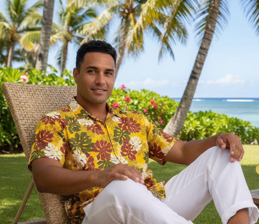 Chemise homme en tissu monstera polynésien portée par un homme marquisien