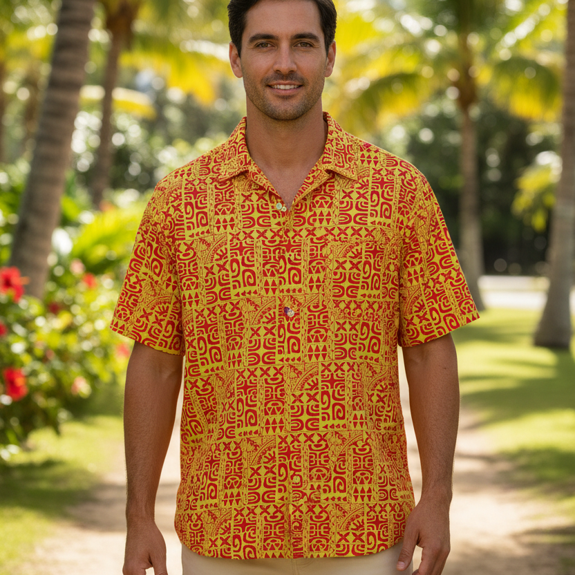 Chemise homme motif Tatouages polynésiens jaune rouge tissu coton Couleurs du Fénua