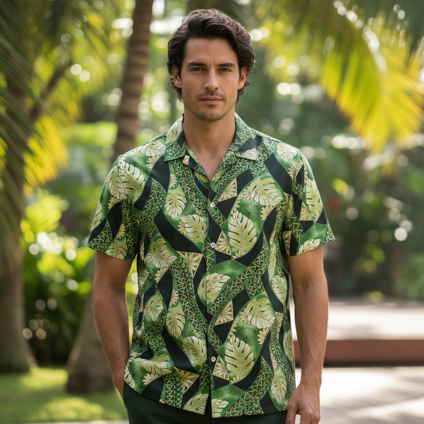 Chemise homme en tissu polynésien vert et beige avec motifs monstera et tatouages géométriques-Couleurs du Fénua