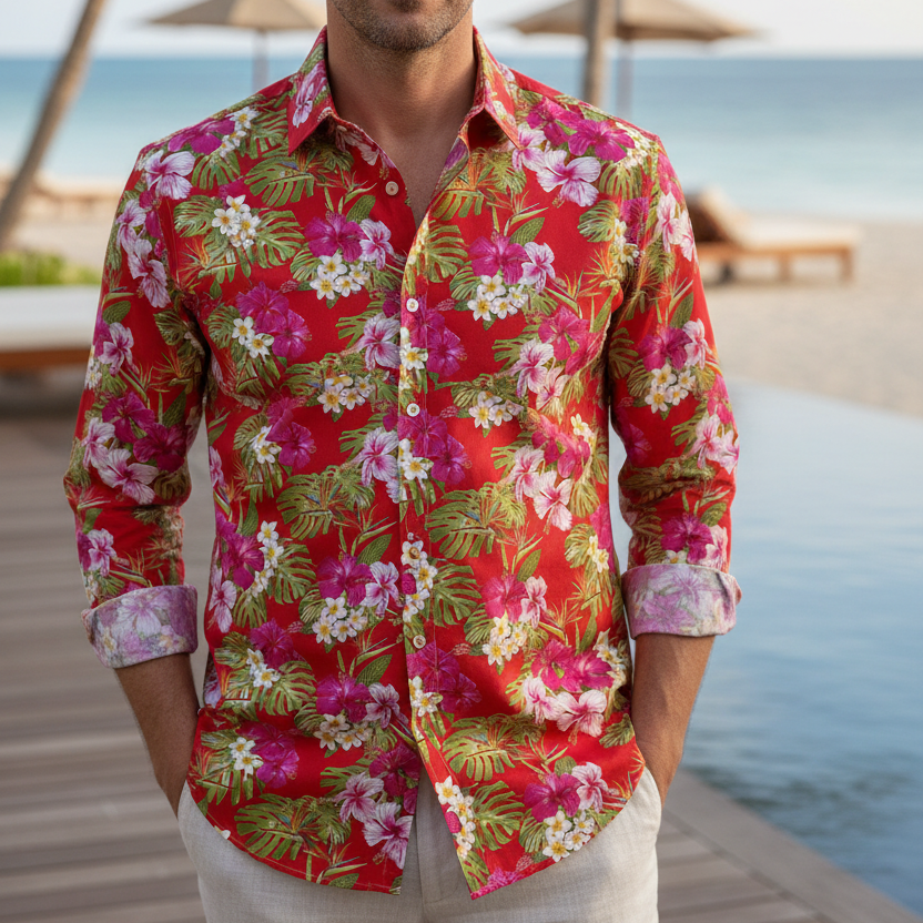 Chemise homme motif Hibiscus Tipanié Oiseaux de Paradis tissu coton polynésien Couleurs du Fénua