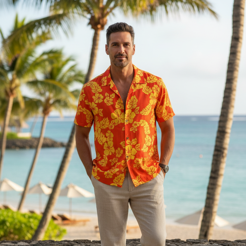 Chemise homme motif Hibiscus jaune orange tissu coton polynésien Couleurs du Fénua
