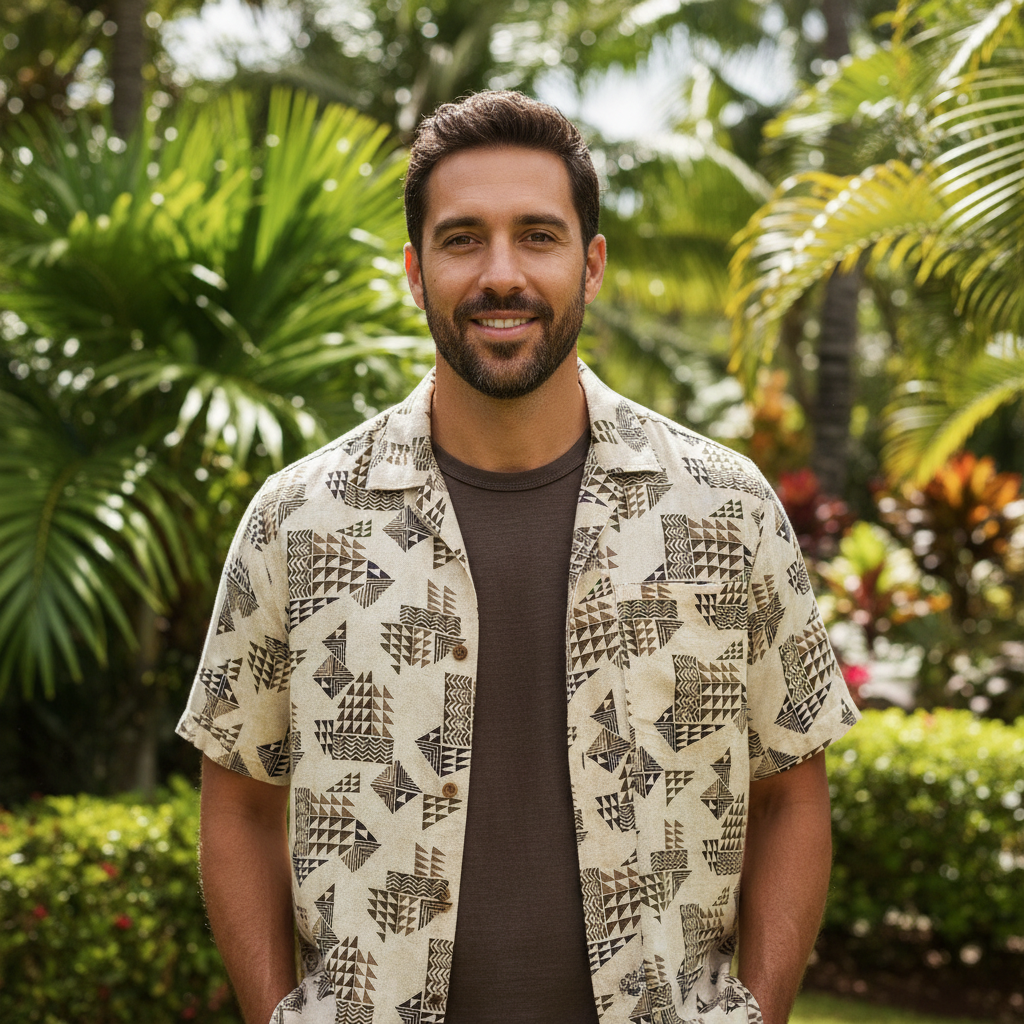 Chemise homme aux motifs marquisiens géométriques marron sur fond beige