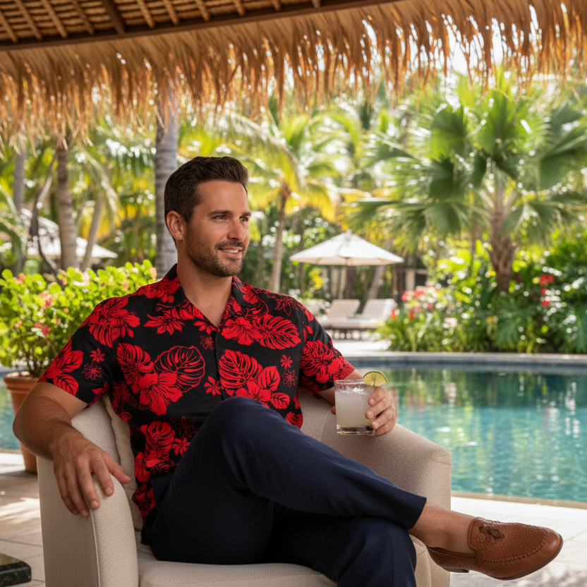 Chemise homme motif Hibiscus et  Monstera rouge et noir tissu coton polynésien Couleurs du Fénua