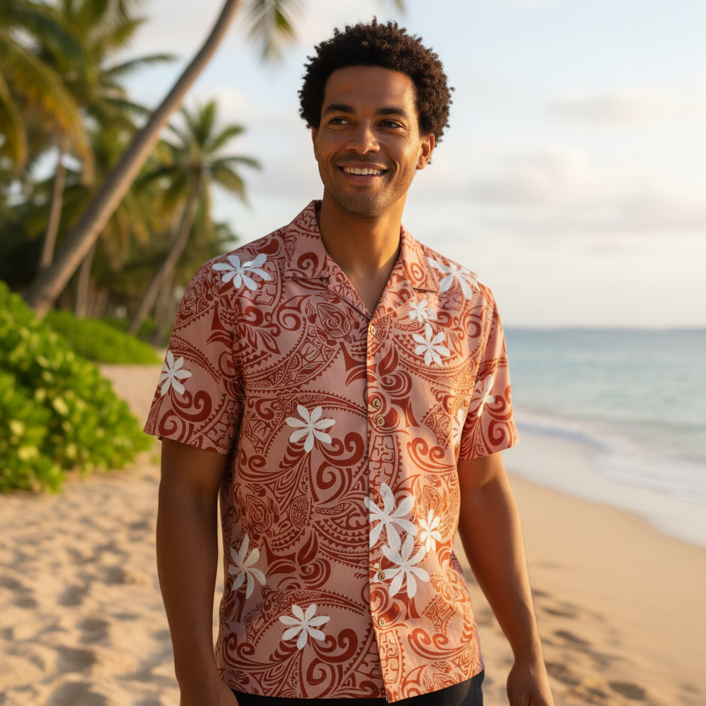 Chemise homme aux motifs tatouages tiare blanches sur fond marron - Tissu tahitien en coton