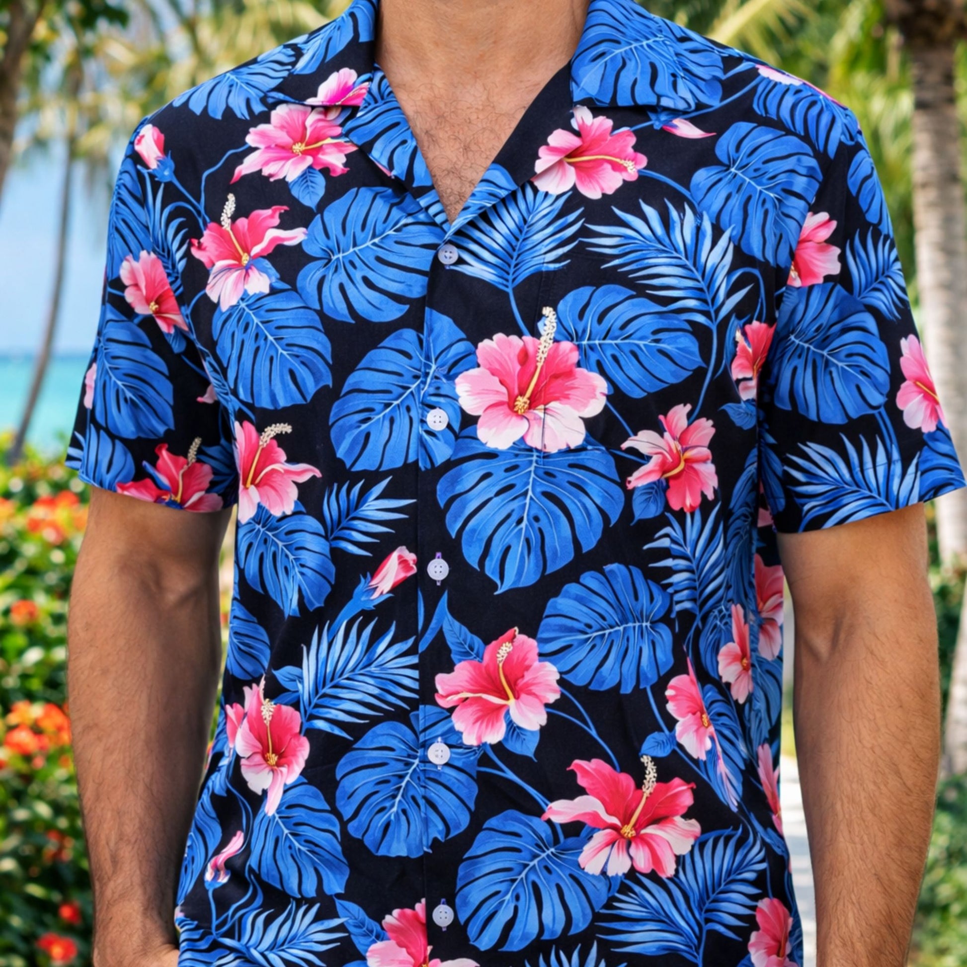 Chemise homme motif Hibiscus Monstera rose bleu tissu coton polynésien Couleurs du Fénua