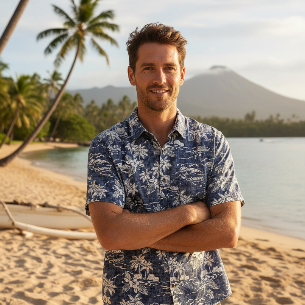 Chemise polynésienne homme, tissu paysage polynésien cocotiers, pirogues et faré - motifs blancs sur fond bleu marine.