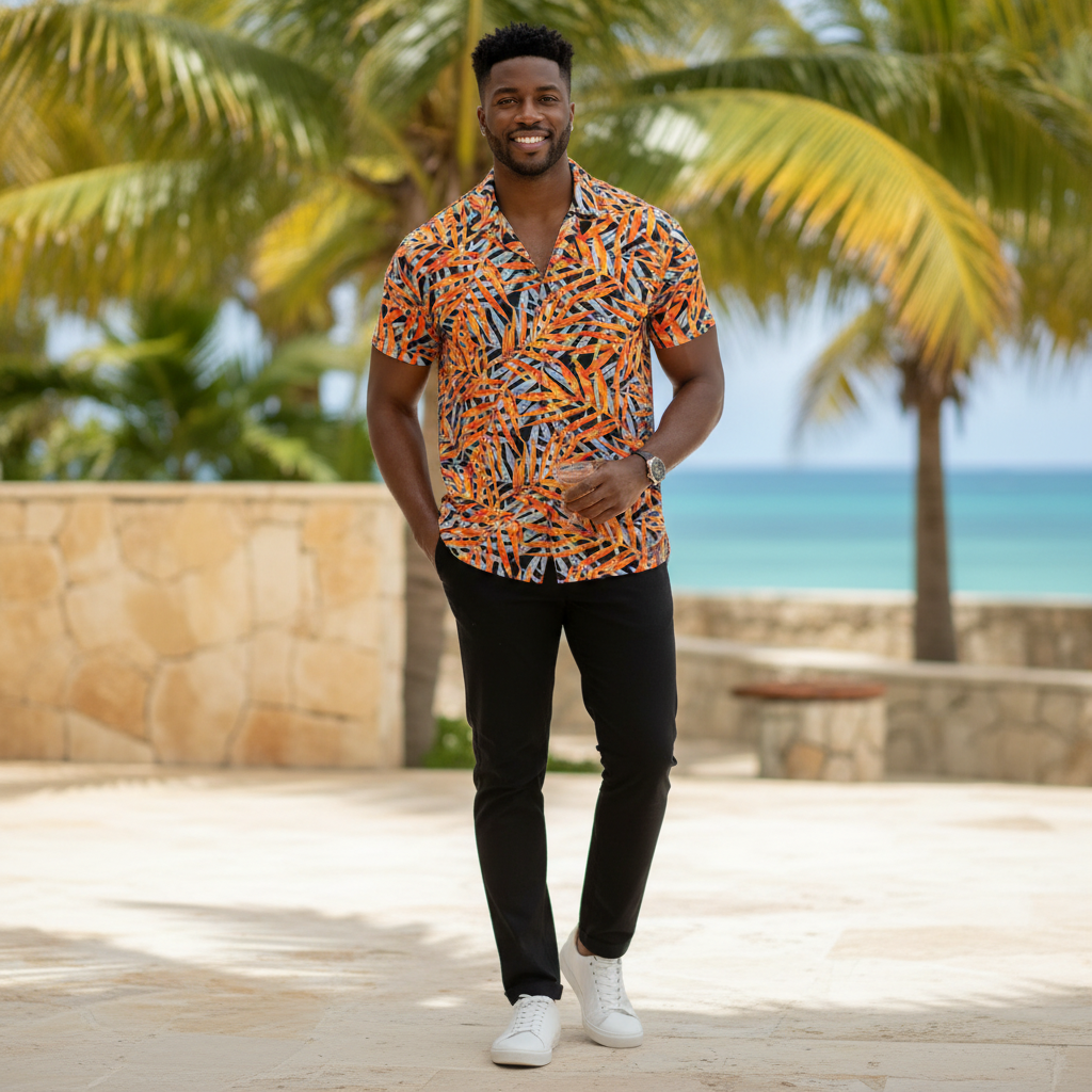 Chemise homme tissu polynésien feuillage jaune orange et gris avec pantalon noir - Couleurs du Fénua