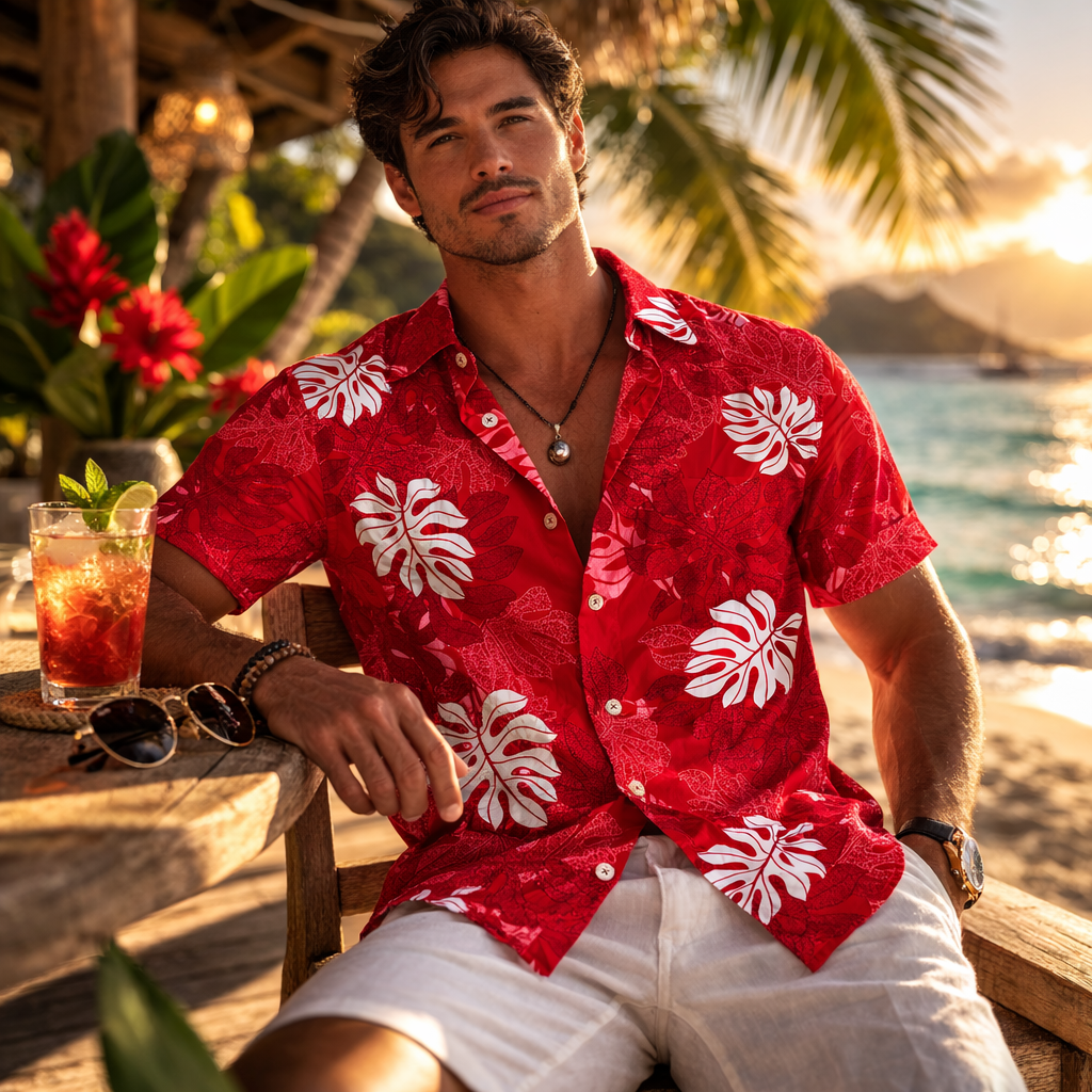 Homme assis au bar de la plage et portant une chemise en tissu tahitien monstera tropical rouge et blanc Couleurs du fénua