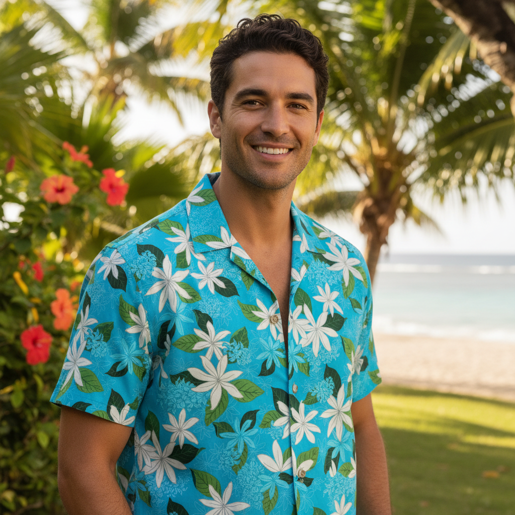 Chemise homme en tissu tahitien, motifs fleurs de tiaré blanches sur fond turquoise - Couleurs du Fénua