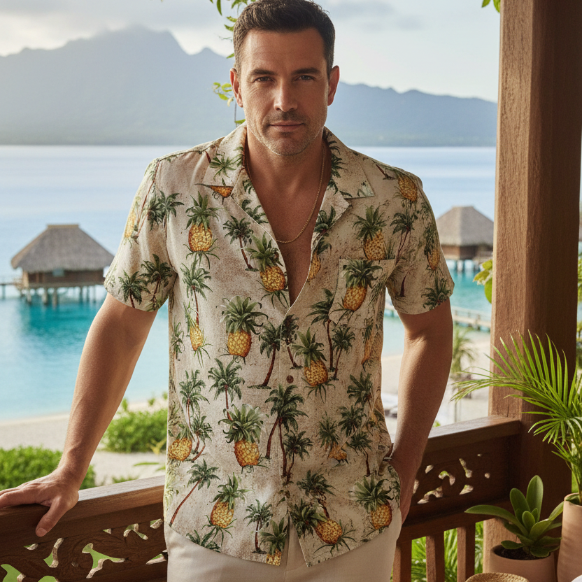 Chemise homme motif Ananas et Cocotiers jaune vert tissu coton polynésien Couleurs du Fénua