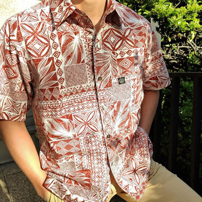 Chemise en coton - Tatouages marquisiens et formes géométriques - marron et beige
