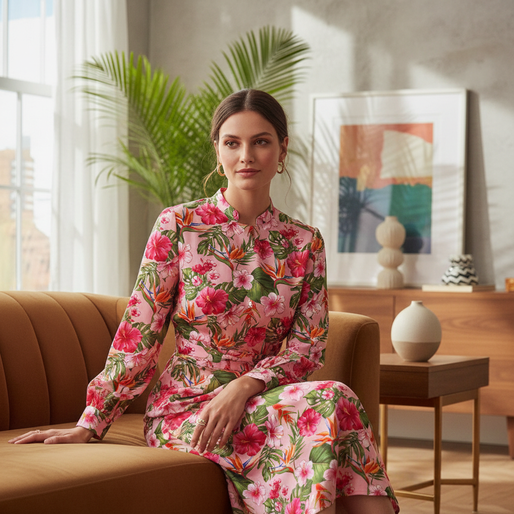 Chemisier femme avec tissu tropical polynésien