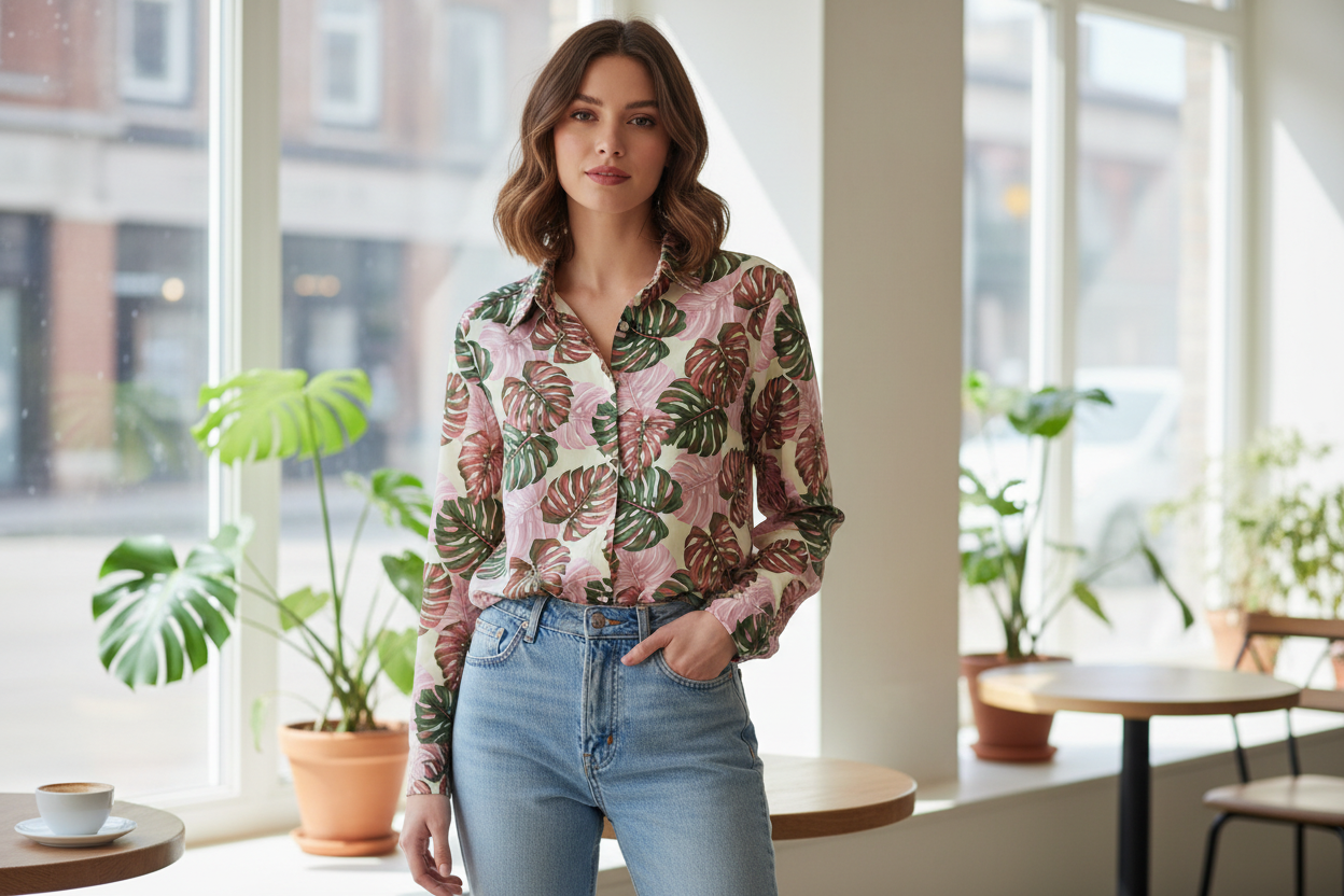 Chemise femme motif Monstera aquarelle vert rose tissu coton polynésien Couleurs du Fénua
