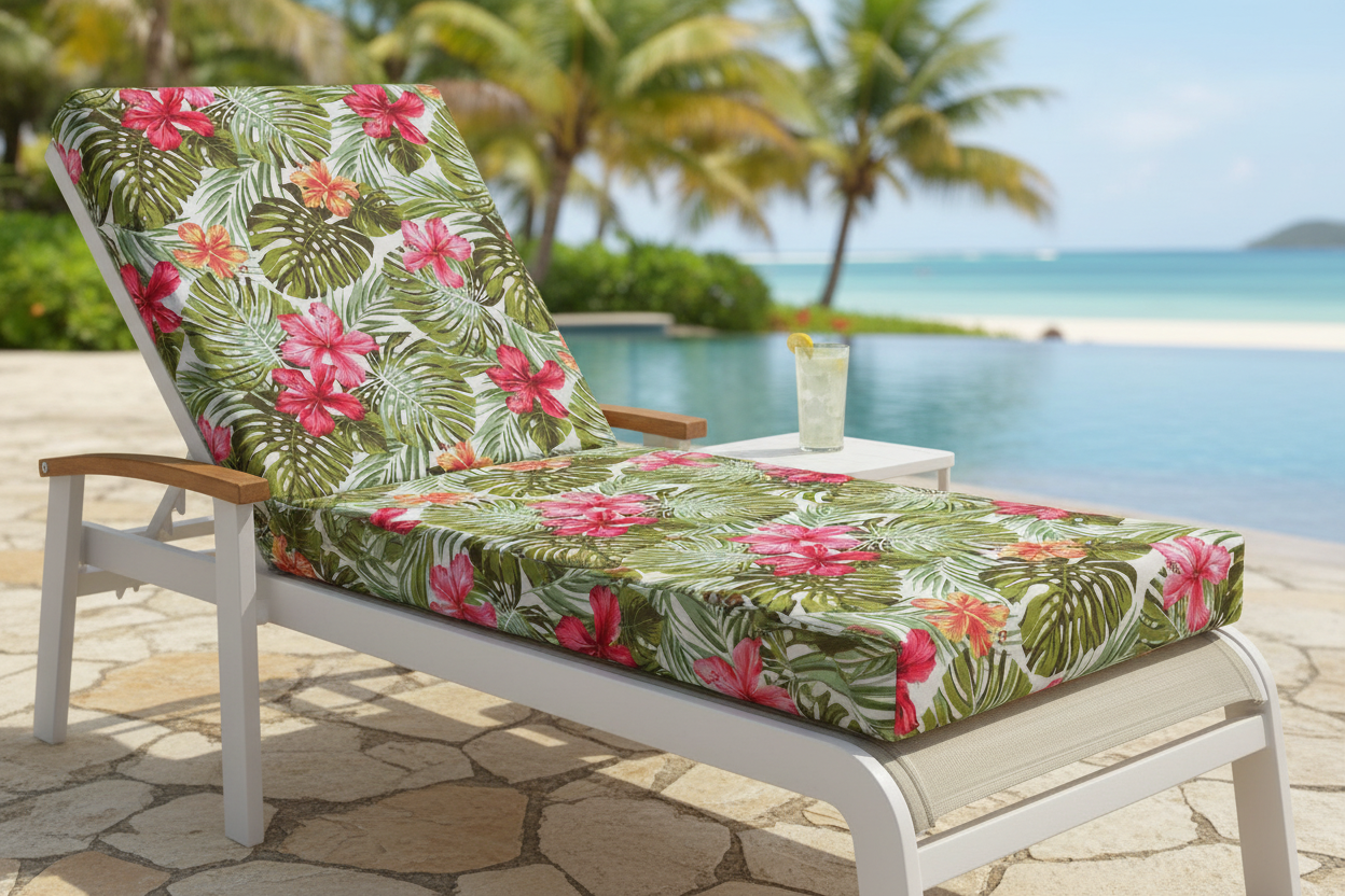 Coussin pour transat en tissu coton hibiscus et monstera, rose, orange et vert sur fond beige
