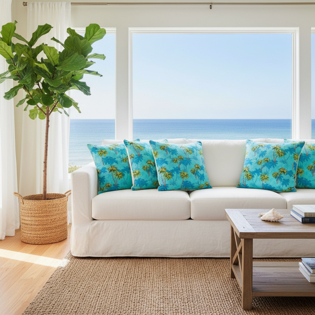 Coussins en tissu cocotiers turquoise dans maison bord de mer