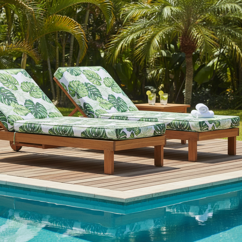 Coussins transat motif Monstera aquarelle vert blanc tissu coton polynésien Couleurs du Fénua