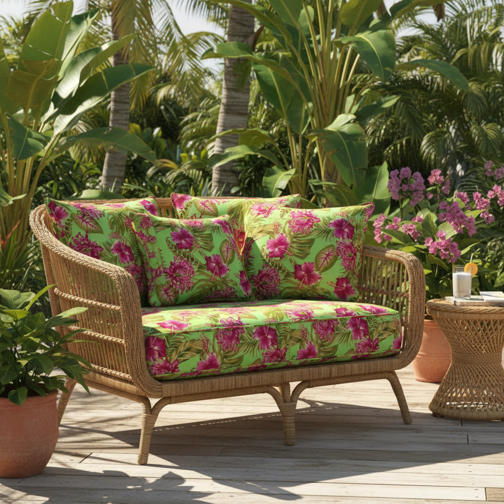 Coussins terrasse tissu hibiscus rose fond vert anis