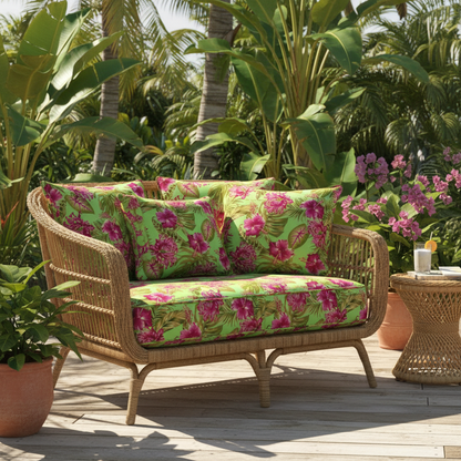 Coussins terrasse tissu hibiscus rose fond vert anis
