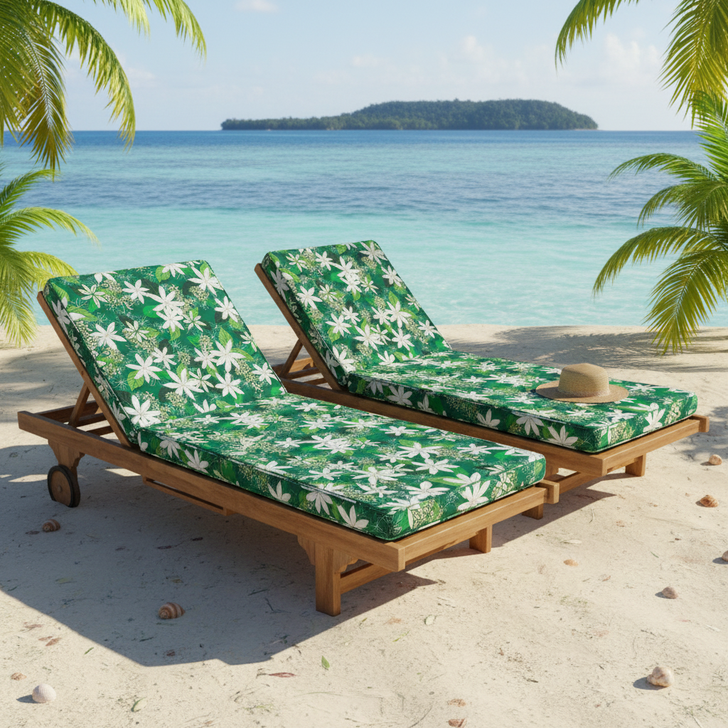 Coussins transats plage en tissu tahitien motifs tiarés blanches sur fond vert - Couleurs du Fénua