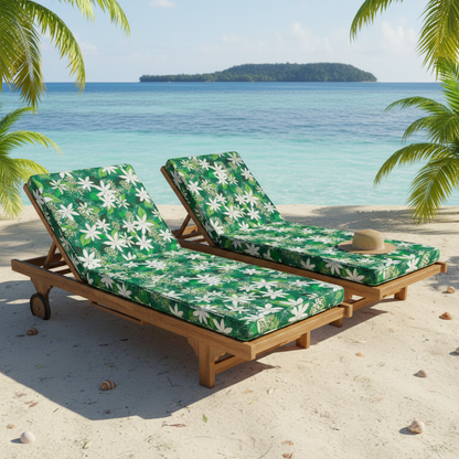 Coussins transats plage en tissu tahitien motifs tiarés blanches sur fond vert - Couleurs du Fénua