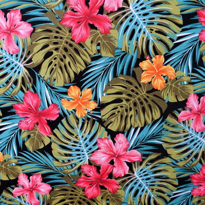 Détail motif Hibiscus rose fuschia orange corail et Monstera vert olive bleu turquoise sur fond noir 100% coton