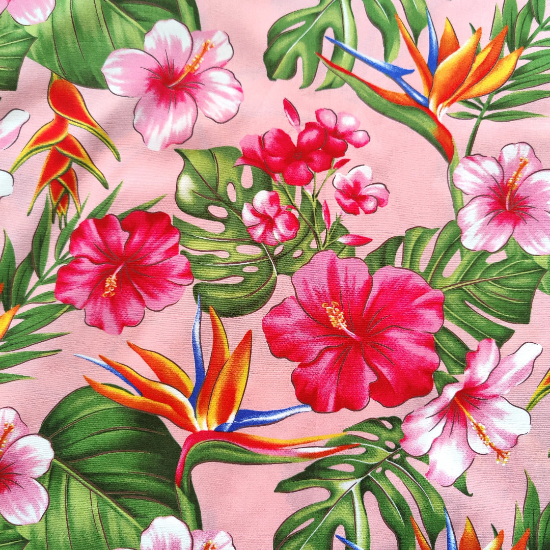Détails Tissu polynésien tropical motifs oiseaux de paradis et hibiscus rose