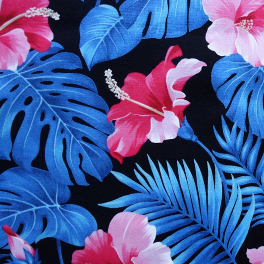 Détail motif Hibiscus rose fuschia corail et Monstera bleu électrique turquoise sur fond noir 100% coton
