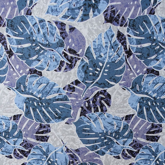 Détail motif Monstera bleu gris sophistiqué sur fond blanc 100% coton