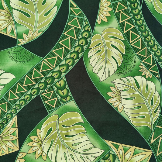 Détails du tissu polynésien monsteras stylisés et tatouages géometriques vert et beige - Couleurs du Fénua
