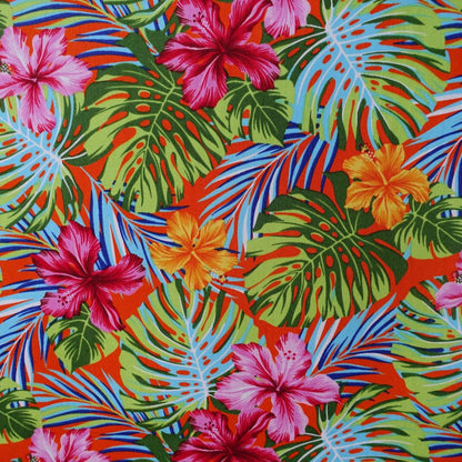 Détail motif Hibiscus rose fuschia orange et Monstera vert bleu turquoise sur fond orange 100% coton