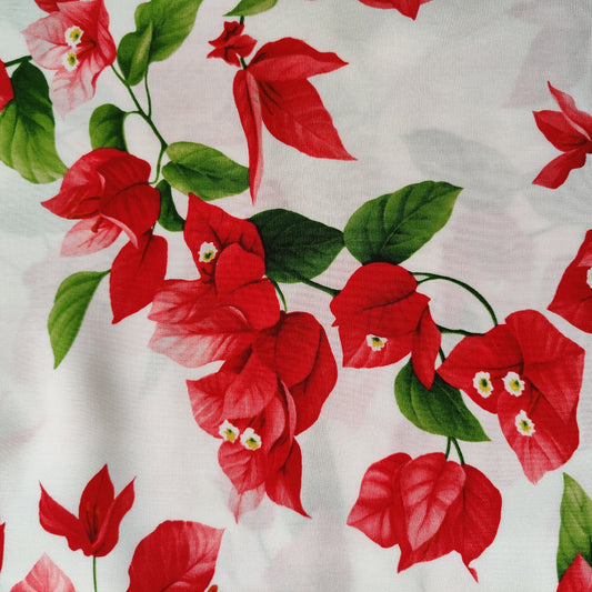 Tissu tahitien fibranne bougainvilliers rouge sur fond blanc lumineux parfait pour robes fluides ou kimono aucun réassort
