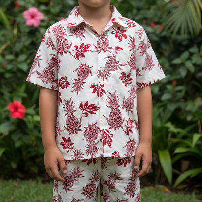 Ensemble enfant chemise et short Ananas et Feuillage rouge ivoire tissu coton - Couleurs du fénua