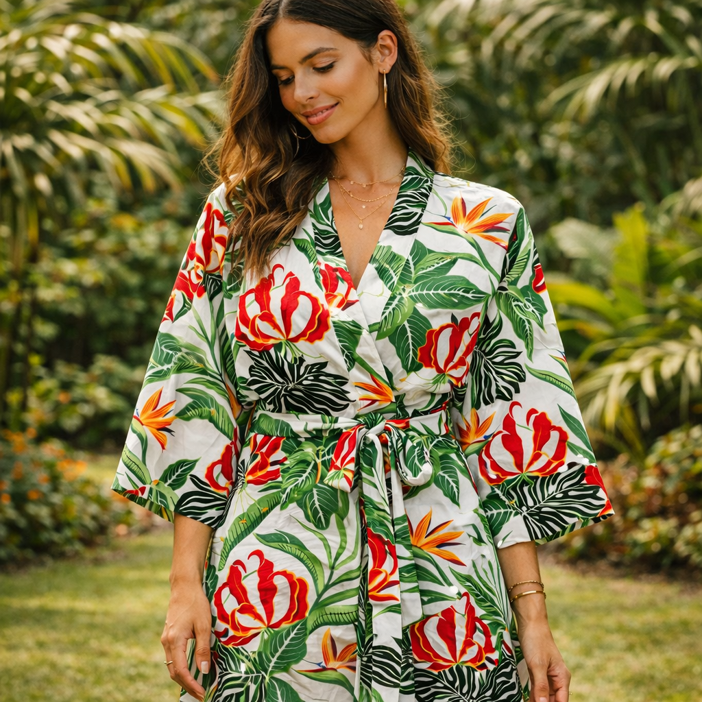 Femme portant un kimono en tissu tahitien oiseaux de paradis et feuillages tropical, vert et blanc 100% coton