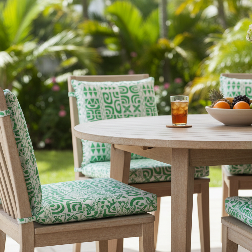 Galettes de chaise motif Tatouages polynésiens vert d'eau blanc tissu coton Couleurs du Fénua