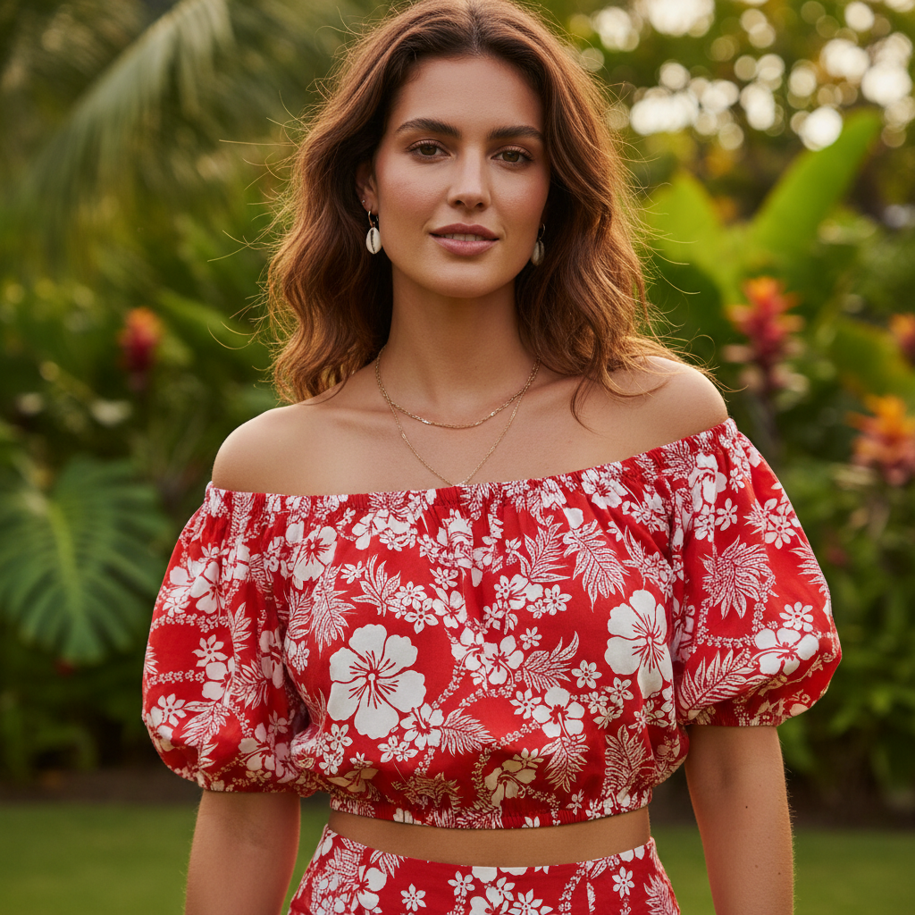 Haut femme en tissu tahitien rouge et blanc, motifs hibiscus, tiaré et fougères de Polynésie. Couleurs du Fénua