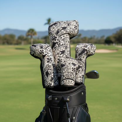 Housses de protection clubs de golf en tissu polynésien noir et beige - hibiscus et taouages- Couleurs du Fénua