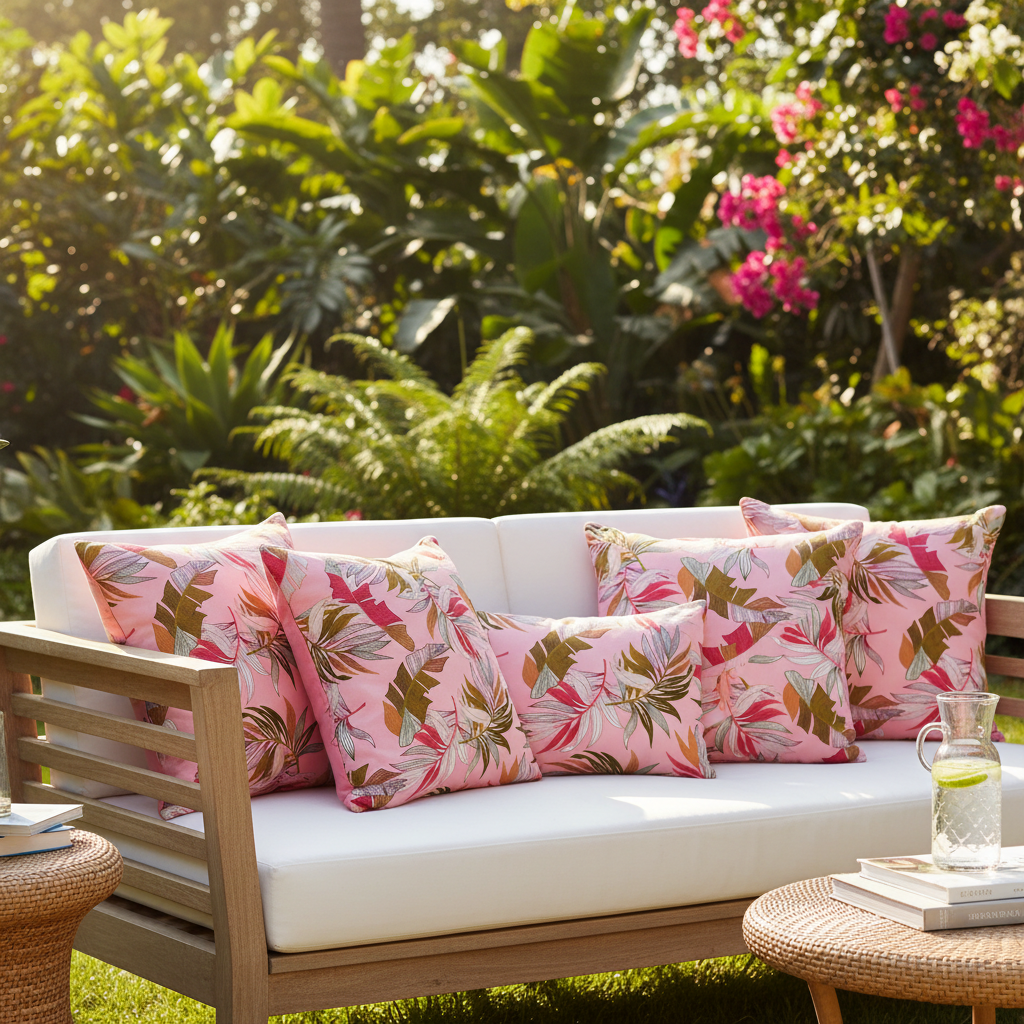 Oreillers de jardin tissu tropical rose et vert, feuilles de bananiers et fougères de Tahiti.