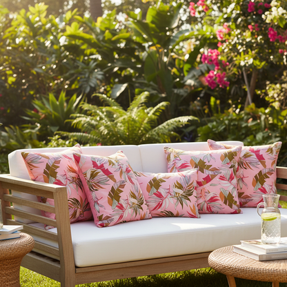 Oreillers de jardin tissu tropical rose et vert, feuilles de bananiers et fougères de Tahiti.
