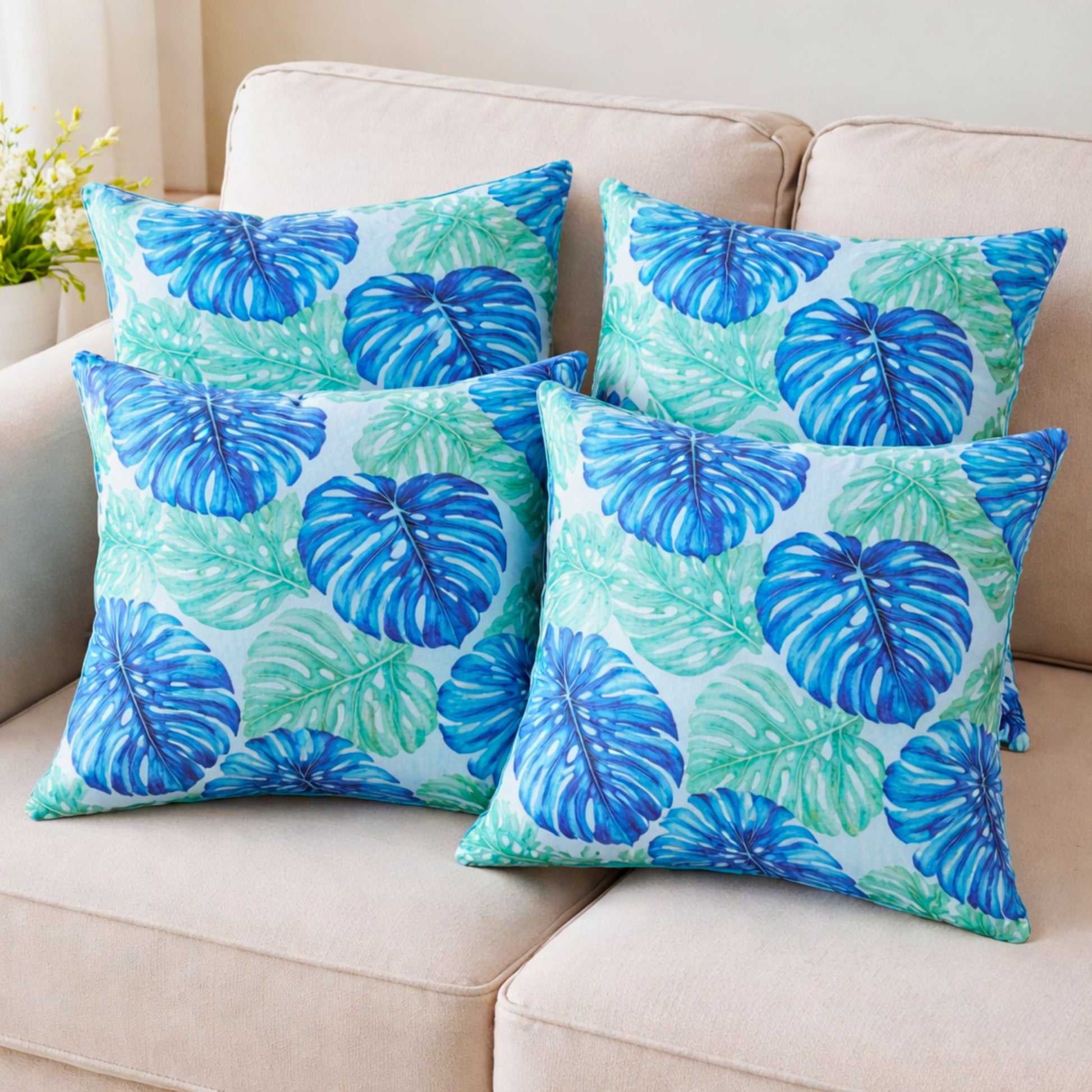 Coussins cousus motif Monstera aquarelle vert bleu tissu coton polynésien Couleurs du Fénua