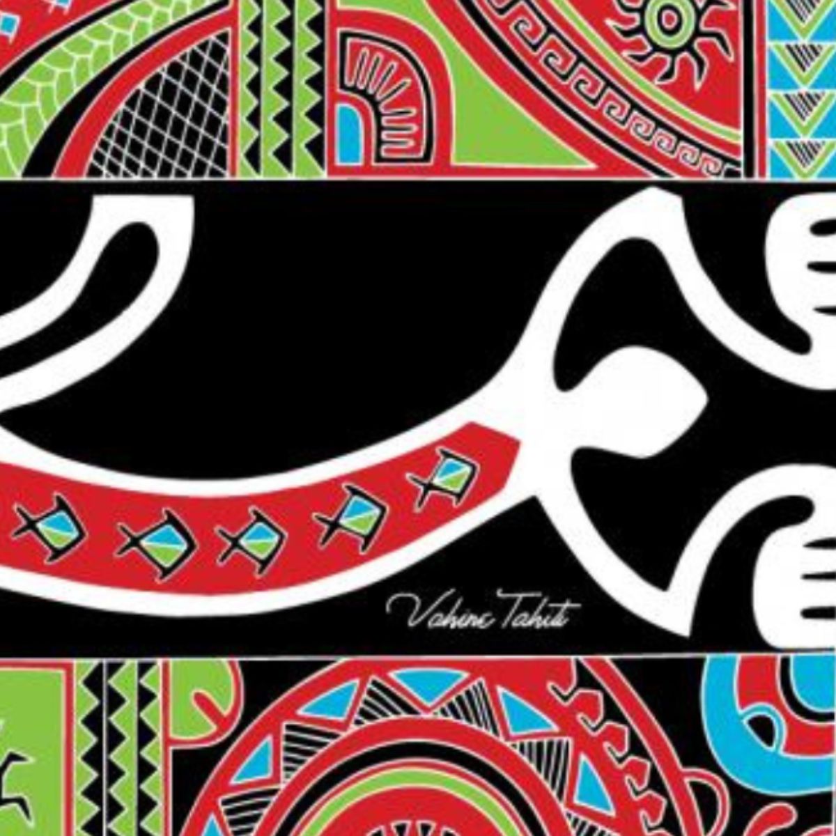 Paréo polynésien en fibranne représentant un geckko margouillat stylisé et des motifs polynésiens colorés