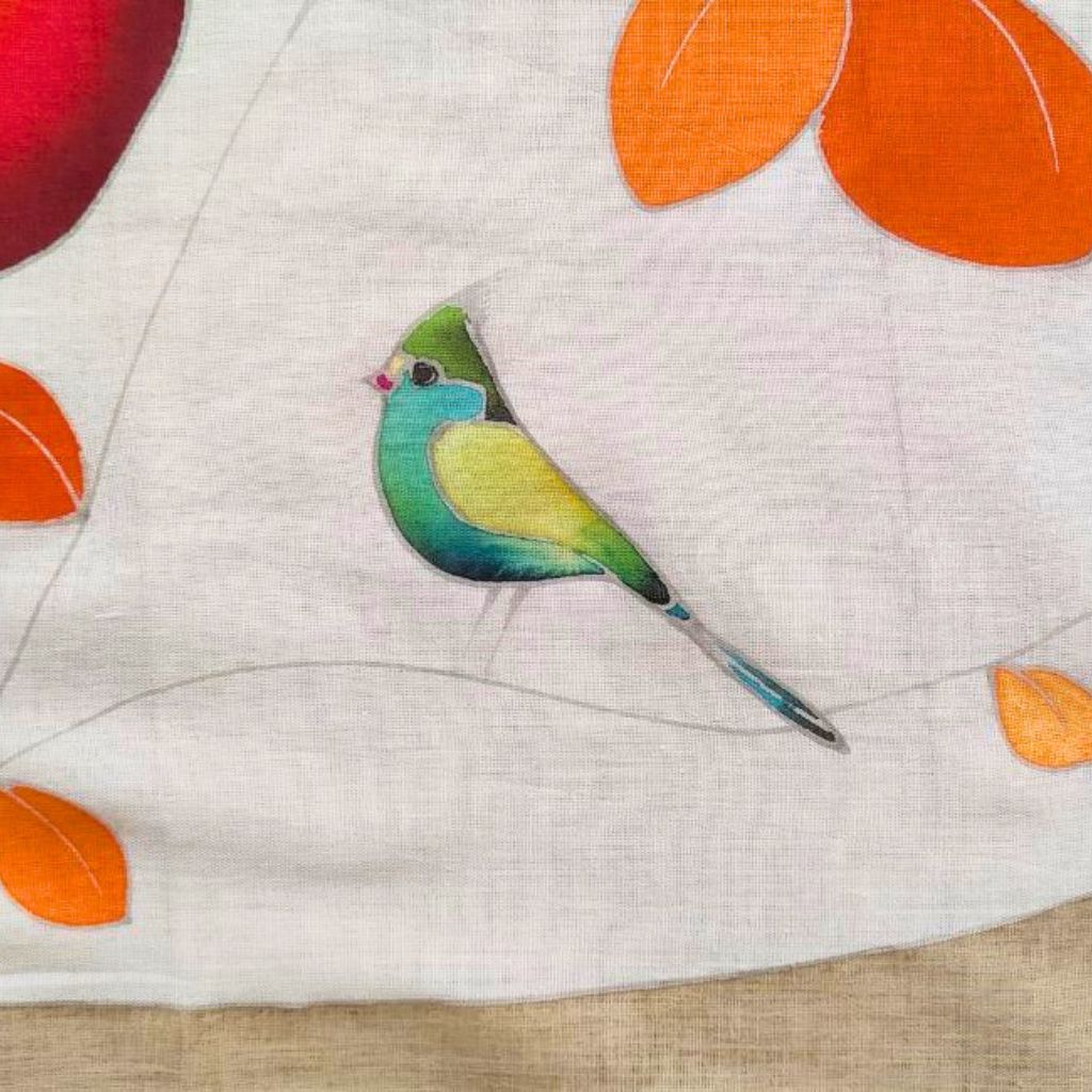 Paréo tahitien peint à la main - Frangipaniers et oiseau - orange  & marron