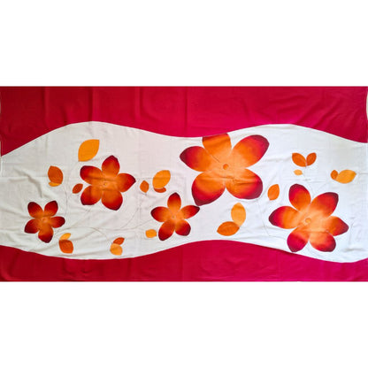 Paréo tahitien en voile de coton, motifs frangipaniers orange et rouge. Dimensions 120 X 113 cm - Edition prémium