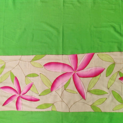Paréo tahitien en voile de coton peint à la main - Tiarés rose et vert