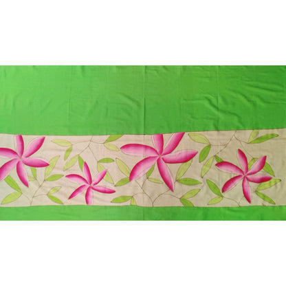Paréo tahitien en voile de coton peint à la main - Tiarés rose et vert
