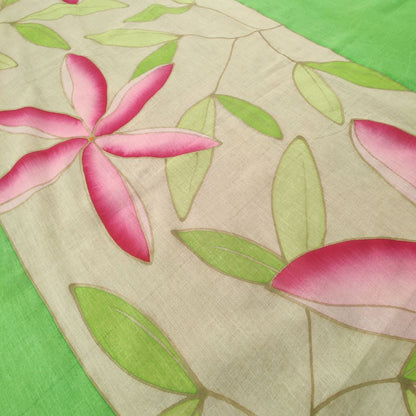 Paréo tahitien en voile de coton peint à la main - Tiarés rose et vert