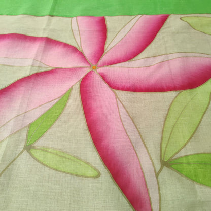 Paréo tahitien en voile de coton peint à la main - Tiarés rose et vert