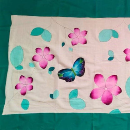 Paréo tahitien en voile de coton peint à la main - Frangipaniers rose et vert