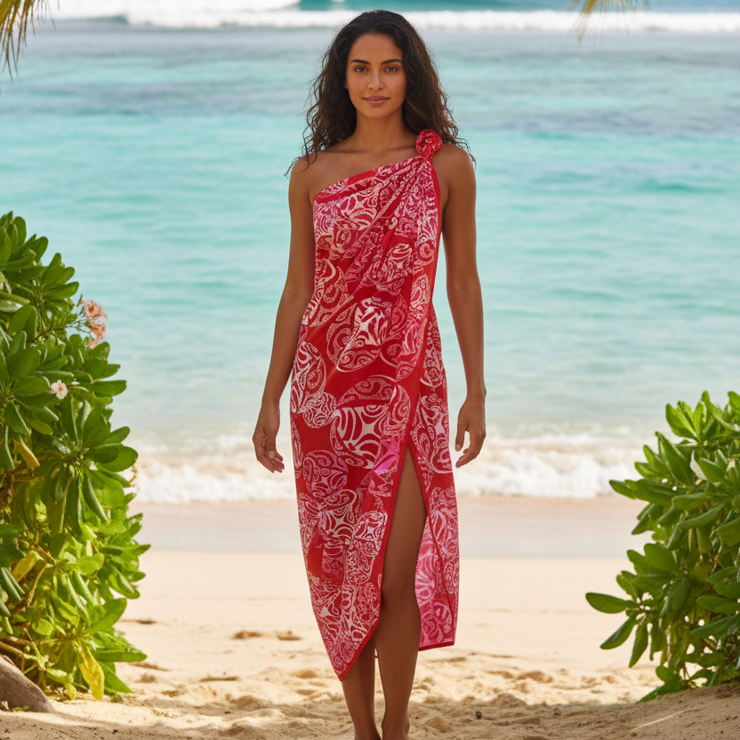 Paréo femme motif Tatouages polynésiens Raies Manta rose rouge tissu coton Couleurs du Fénua